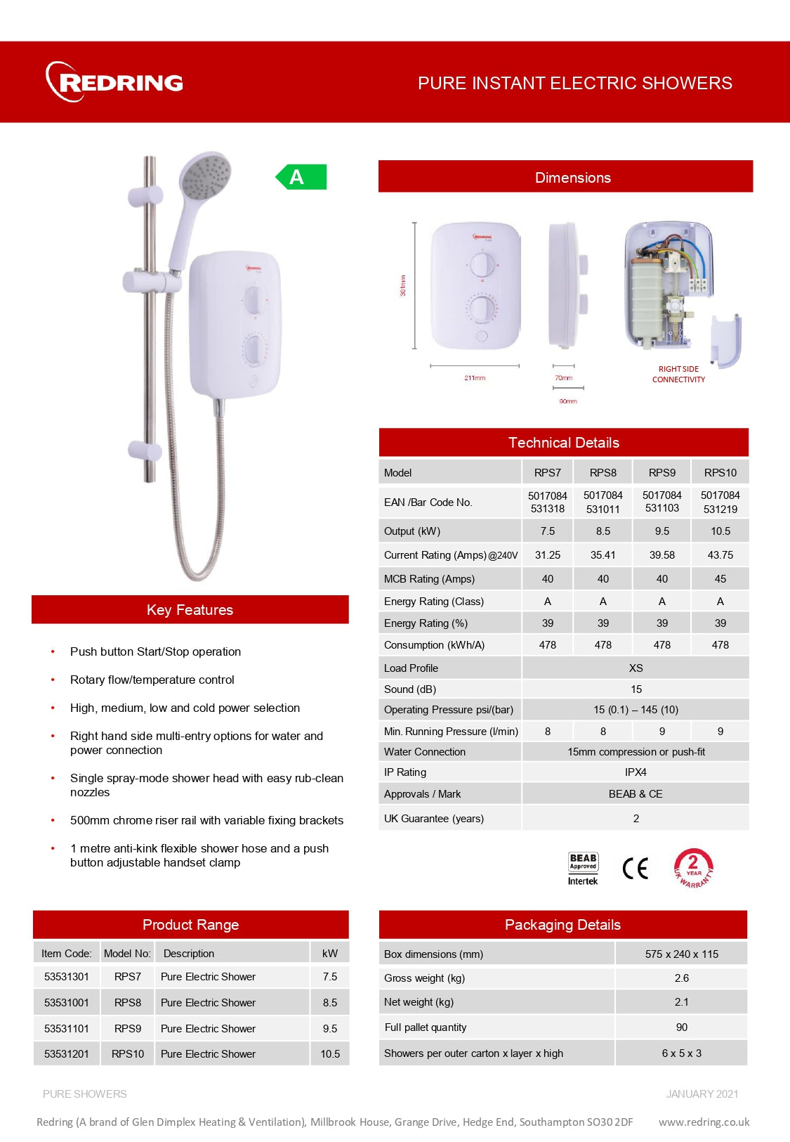 Electric Shower 8.5KW-RPS8 PURE Instant Electric- Redring