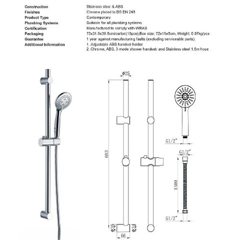 Riser Rail Chrome Shower With Push Button with Adjustable Fixing Bracket