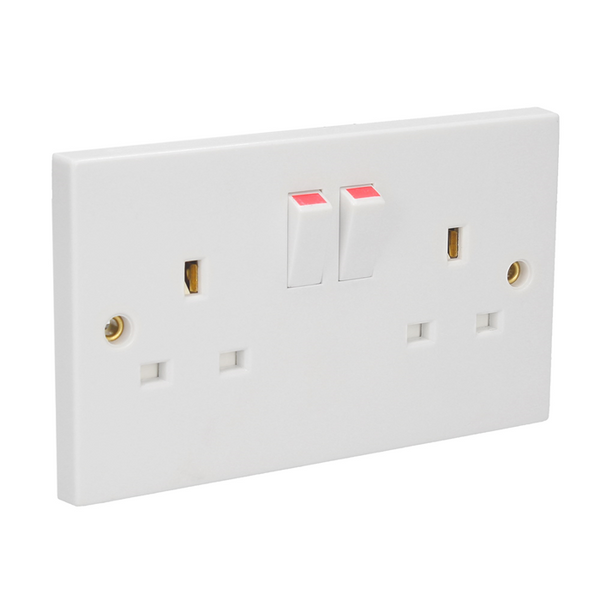 Axiom 13Amp 2-Gang Double Switched Socket – White Square Edge 13A Mains Power Outlet  – BS 1363 Compliant Electrical Wall Plate for Home & Office