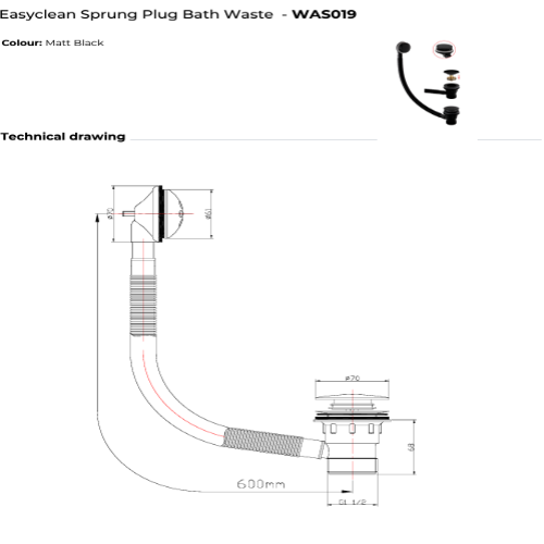 Easyclean Sprung Bath Waste Matt Black