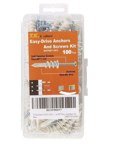 TK Excellent Easy Drive Anchors and Screws kit DS7007-004, 100pcs