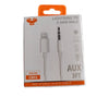 A boxed Lightning to 3.5mm Male AUX audio cable on a speckled stone countertop.