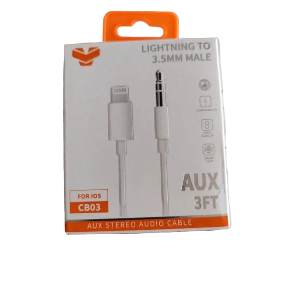 A boxed Lightning to 3.5mm Male AUX audio cable on a speckled stone countertop.