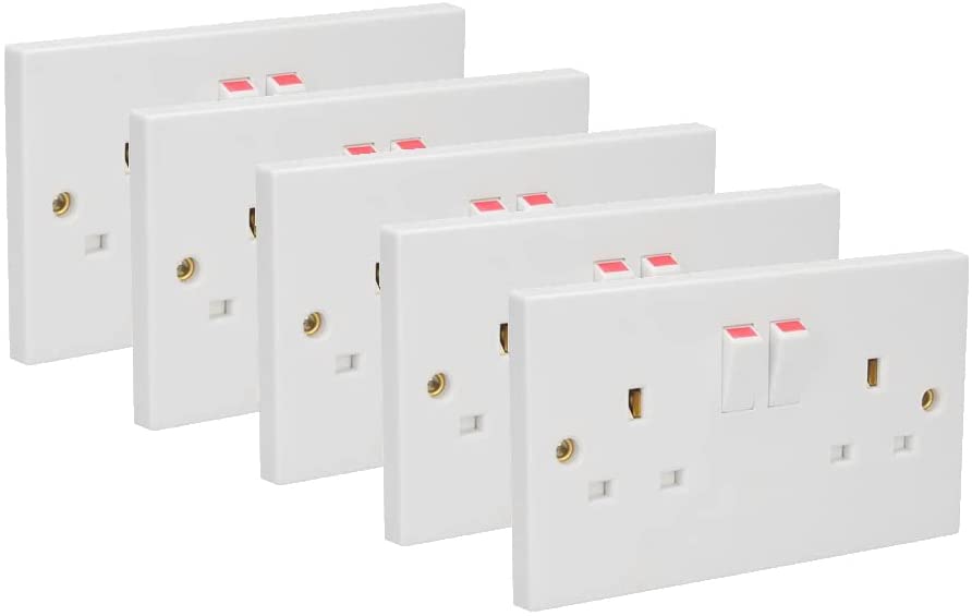 5 pcs x Axiom 13Amp Double Twin Switched Socket 2 Gang White Square Edge Electrical Mains Power Outlet