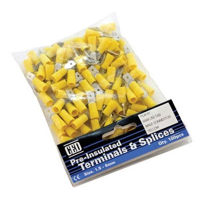 Pre Insulated Male Connectors Yellow Or Blue (20's, Yellow 6mm 250 Tab)